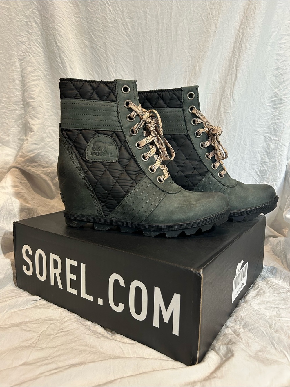 Sorel Women's Quilted Lexie Wedge Lace-Up Boot in Dark Green